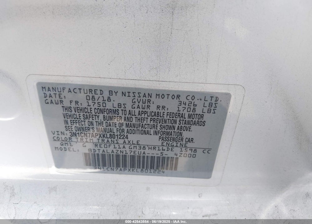 2019 NISSAN VERSA 1.6 S+ VIN: 3N1CN7APXKL801224