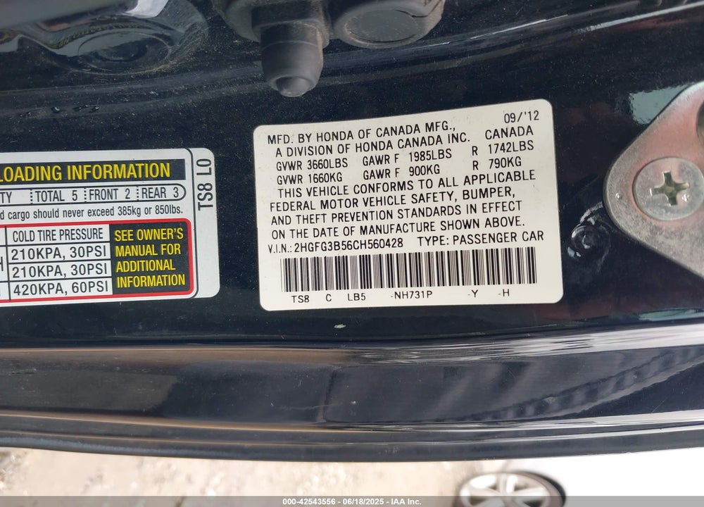2012 HONDA CIVIC VIN: 2HGFG3B56CH560428