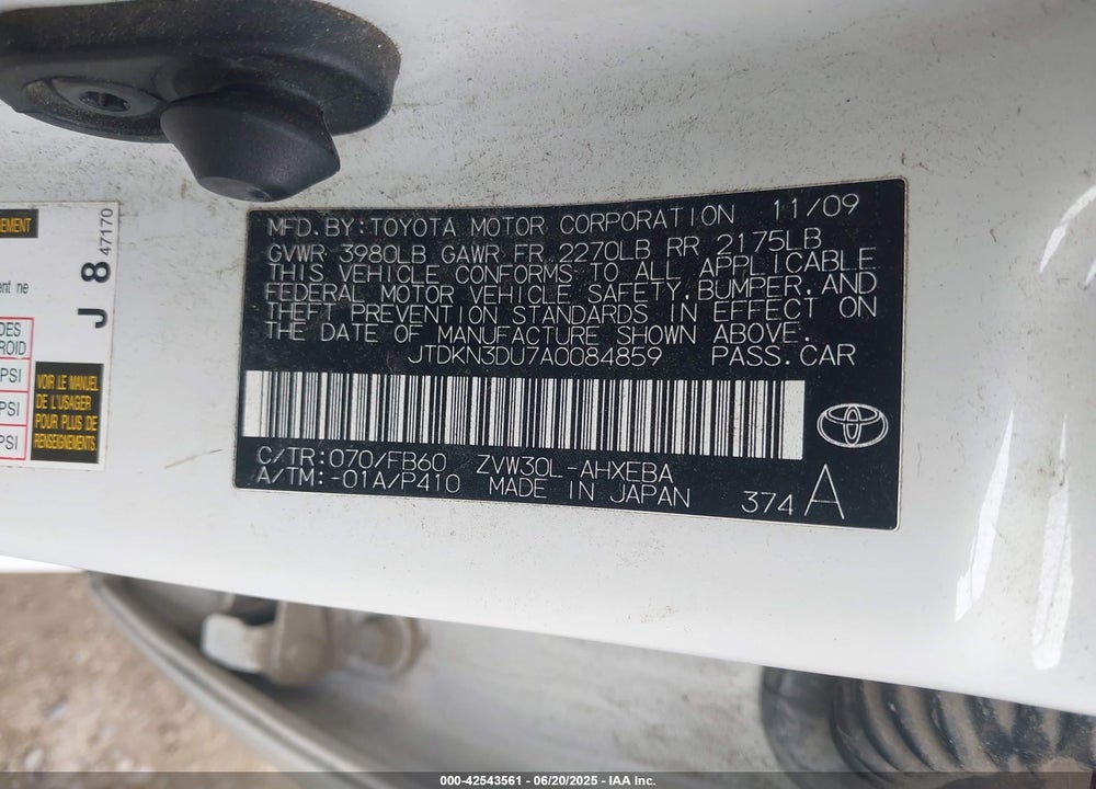 2010 TOYOTA PRIUS II VIN: JTDKN3DU7A0084859