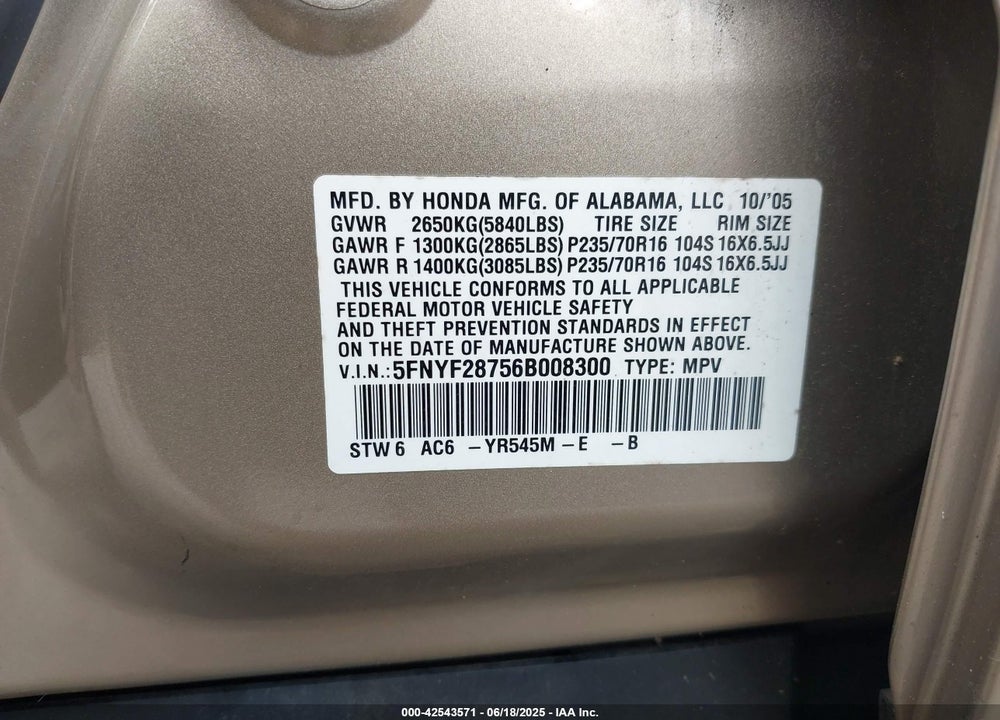 2006 HONDA PILOT VIN: 5FNYF28756B008300
