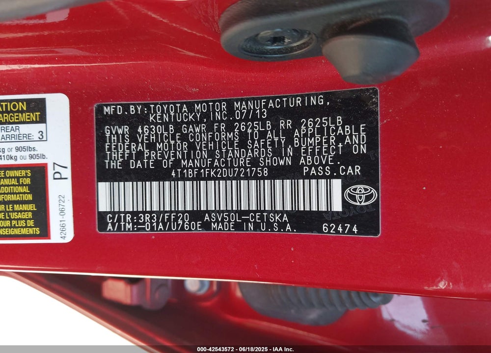 2013 TOYOTA CAMRY VIN: 4T1BF1FK2DU721758