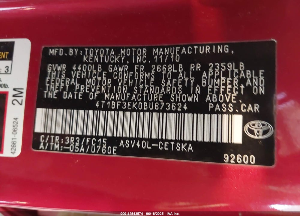 2011 TOYOTA CAMRY VIN: 4T1BF3EK0BU673624