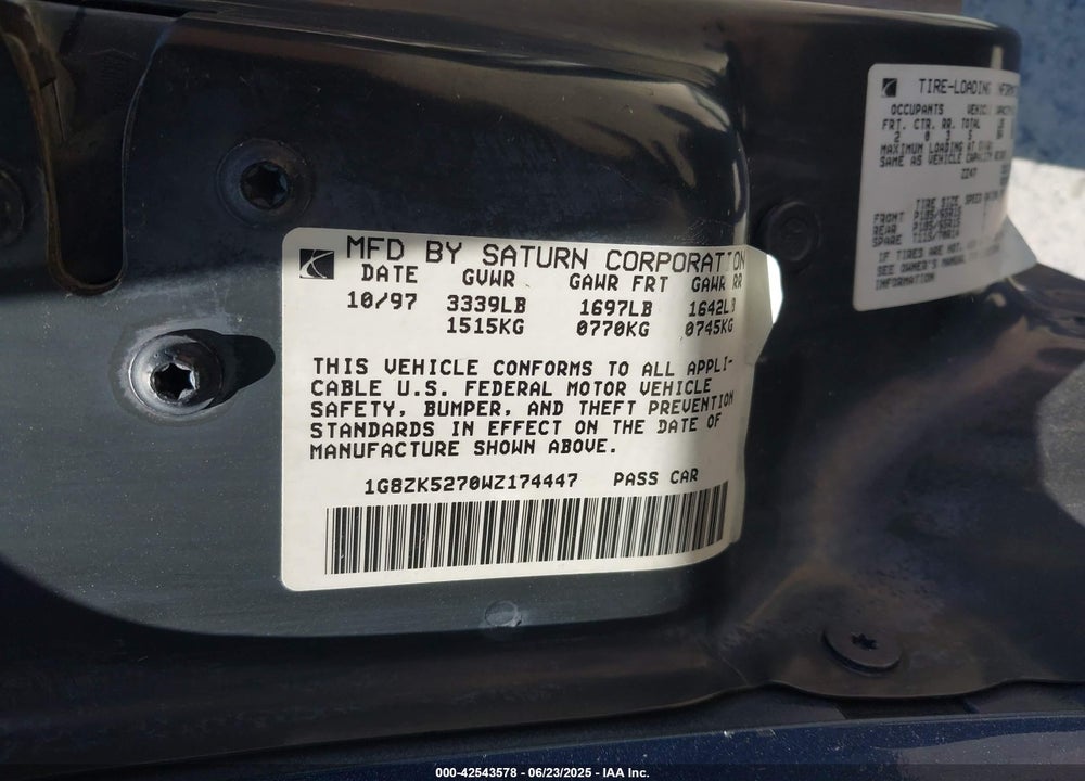 1998 SATURN SL2 VIN: 1G8ZK5270WZ174447