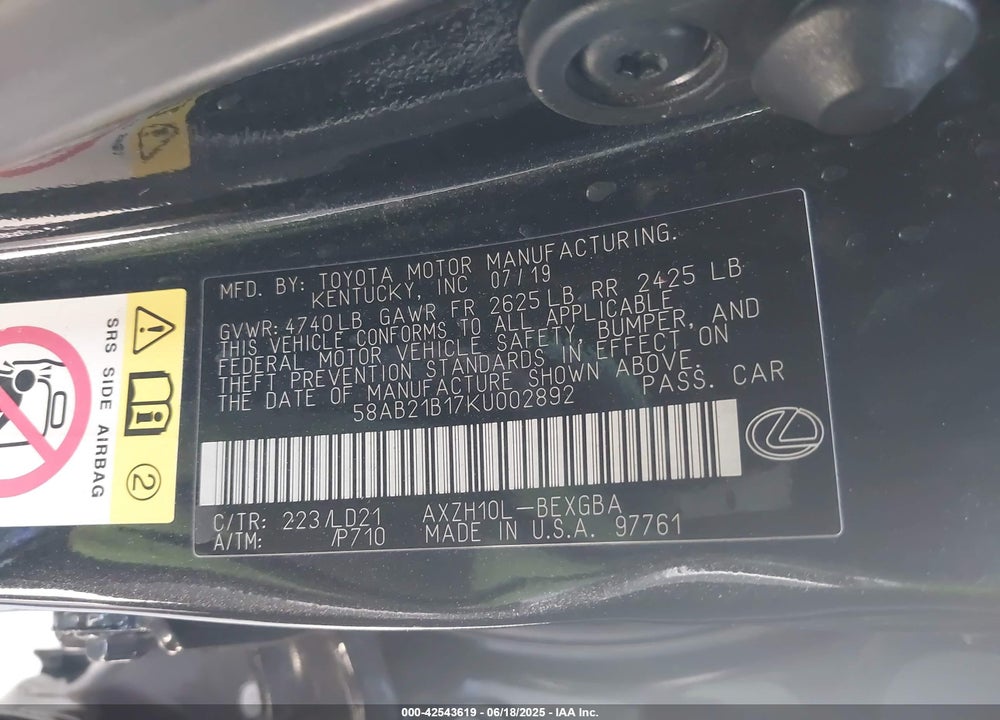 2019 LEXUS ES 300H LUXURY/ULTRA LUXURY VIN: 58AB21B17KU002892