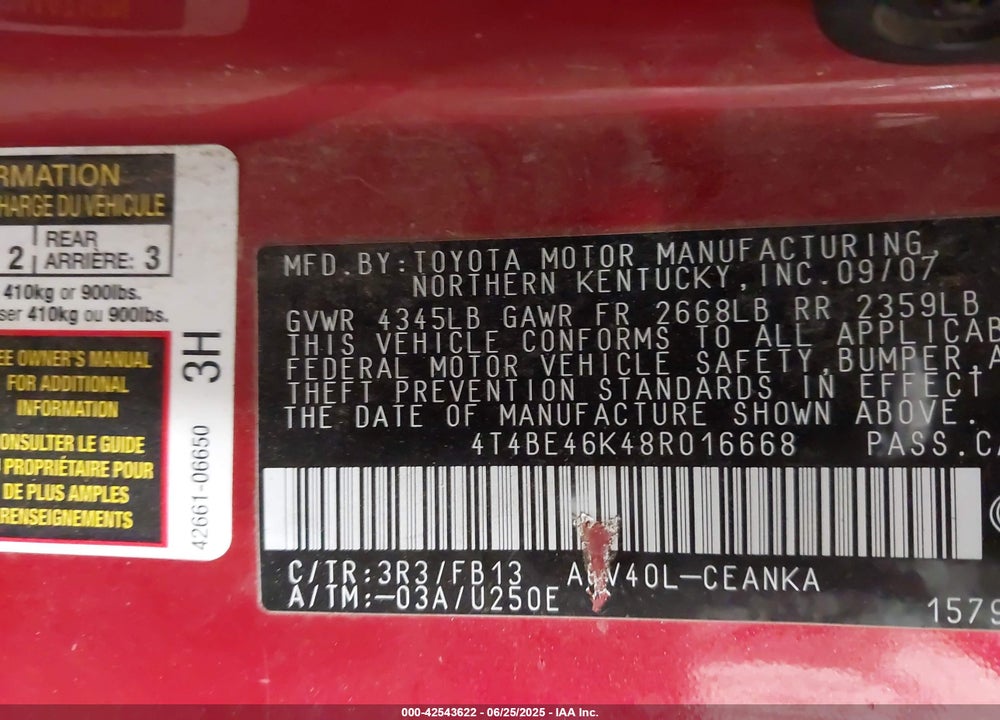 2008 TOYOTA CAMRY LE VIN: 4T4BE46K48R016668