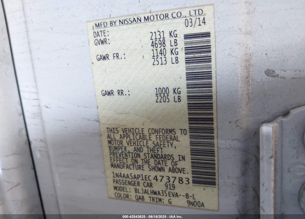 2014 NISSAN MAXIMA VIN: 1N4AA5AP1EC473783