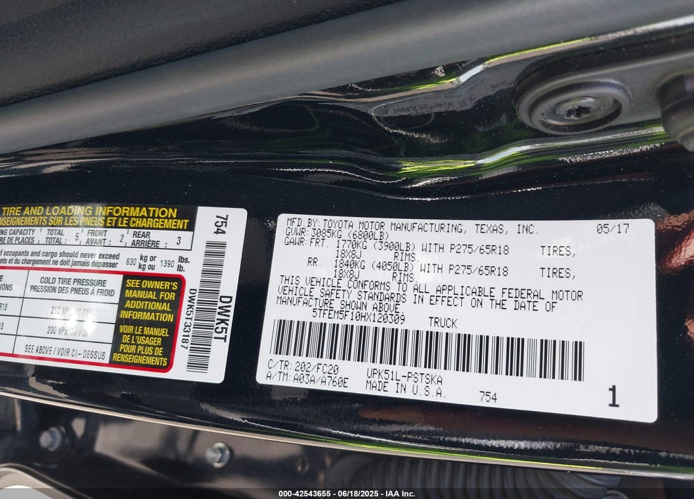 2017 TOYOTA TUNDRA SR5 4.6L V8 VIN: 5TFEM5F10HX120309