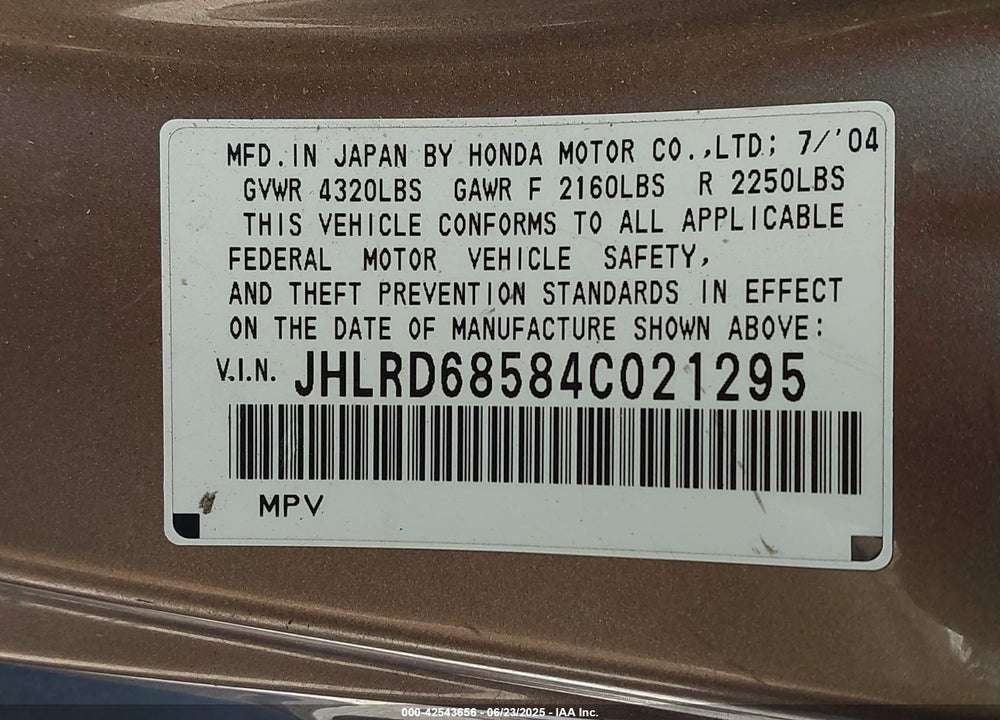 2004 HONDA CR-V LX VIN: JHLRD68584C021295