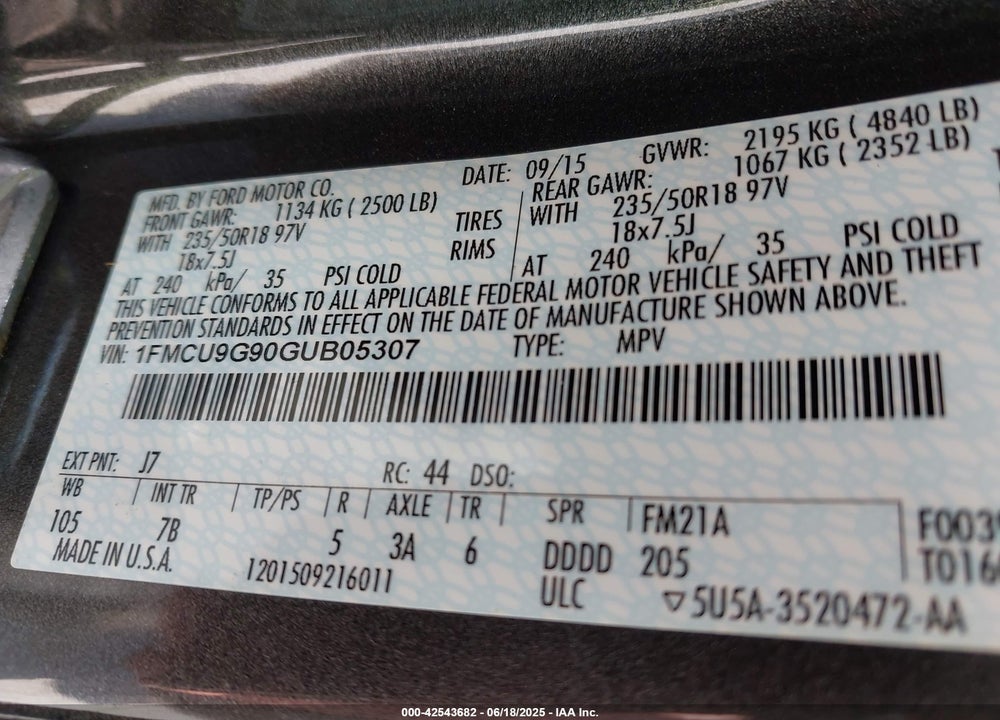 2016 FORD ESCAPE SE VIN: 1FMCU9G90GUB05307