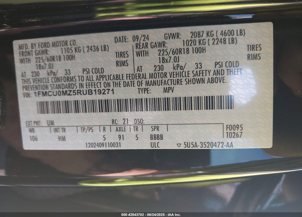 2024 FORD ESCAPE VIN: 1FMCU0MZ5RUB19271