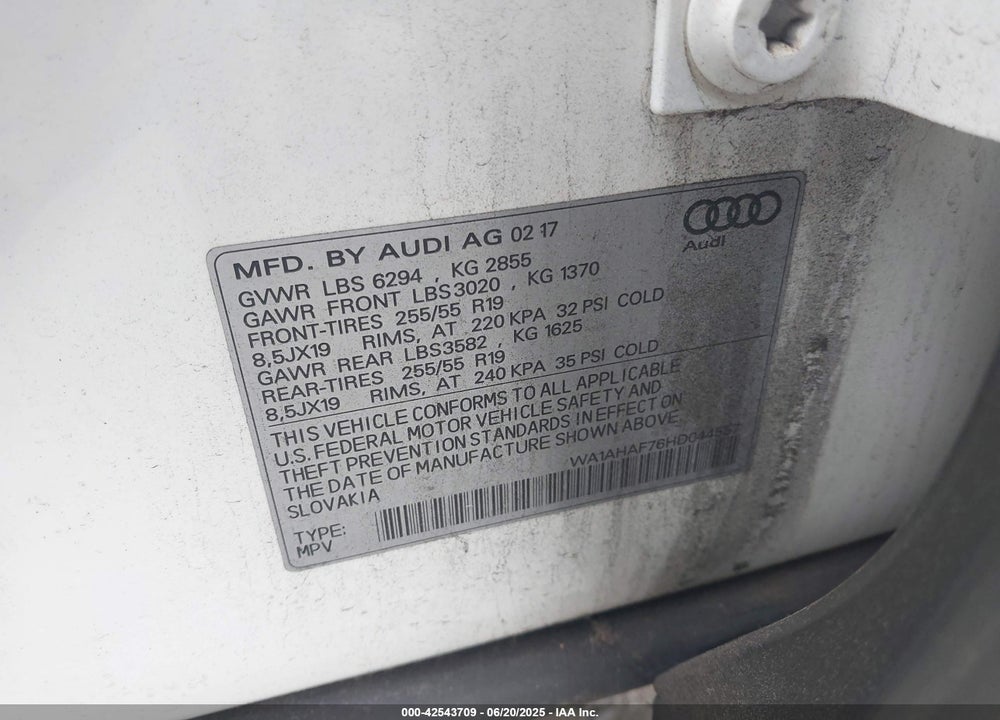 2017 AUDI Q7 2.0T PREMIUM VIN: WA1AHAF76HD044557