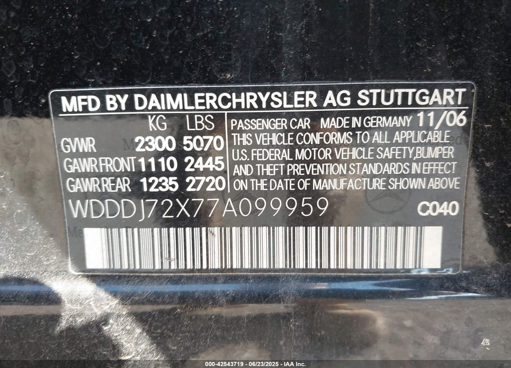 2007 MERCEDES-BENZ CLS 550 VIN: WDDDJ72X77A099959