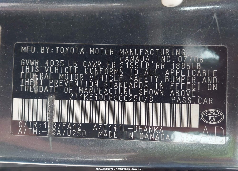 2009 TOYOTA MATRIX S VIN: 2T1KE40E69C025078