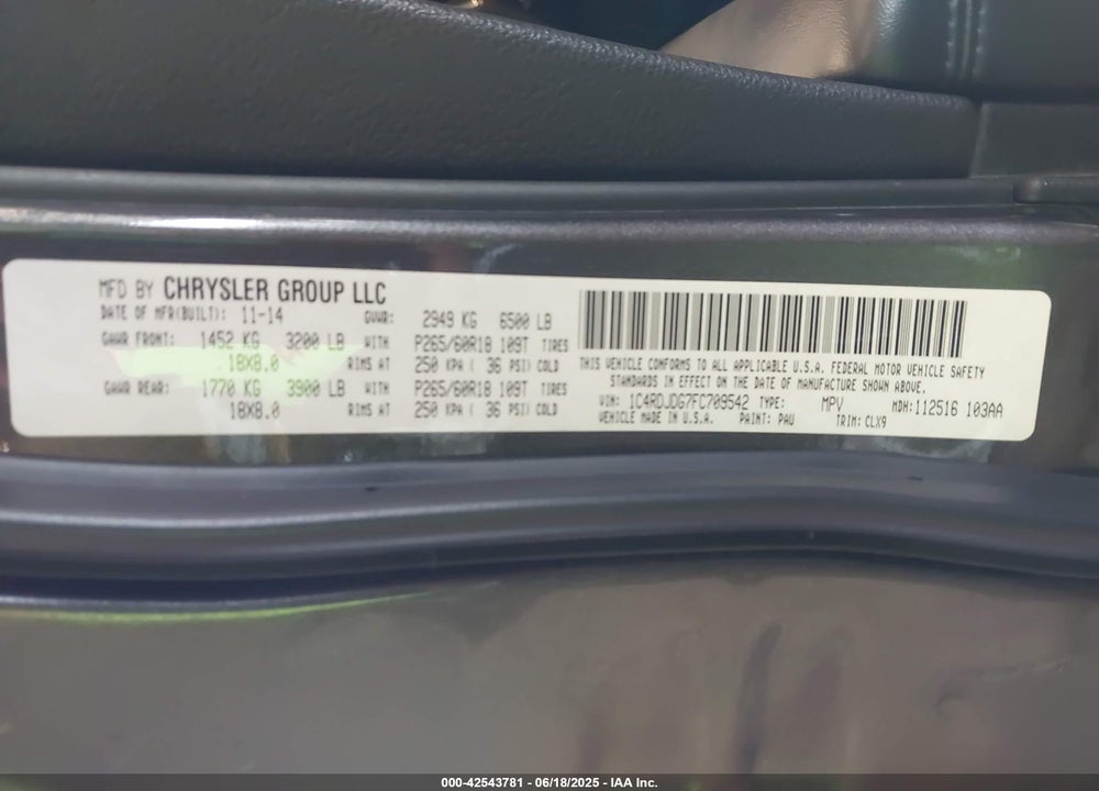 2015 DODGE DURANGO VIN: 1C4RDJDG7FC709542