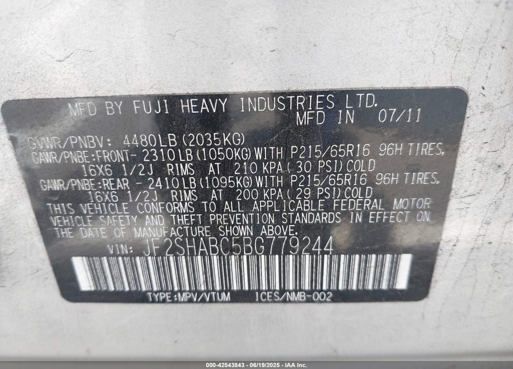2011 SUBARU FORESTER VIN: JF2SHABC5BG779244