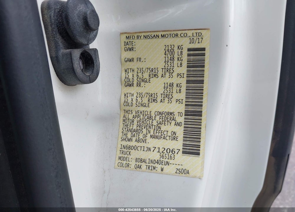 2018 NISSAN FRONTIER VIN: 1N6BD0CT1JN712067