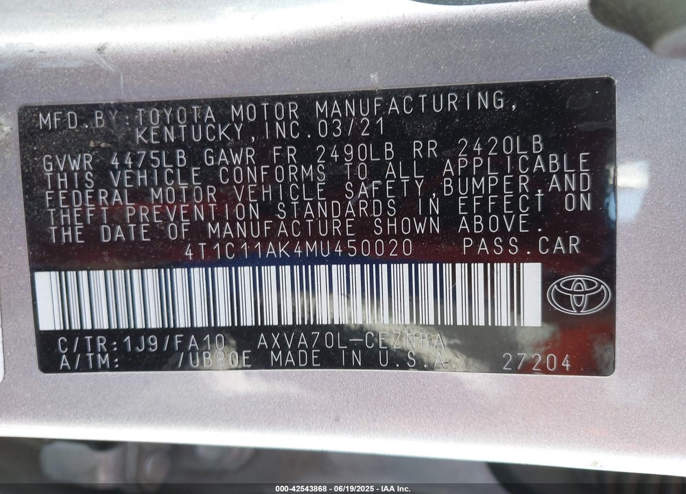 2021 TOYOTA CAMRY VIN: 4T1C11AK4MU450020