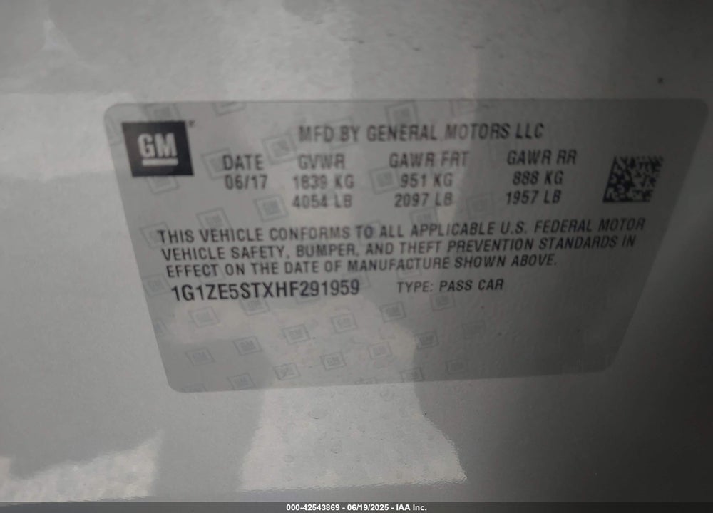 2017 CHEVROLET MALIBU 1LT VIN: 1G1ZE5STXHF291959