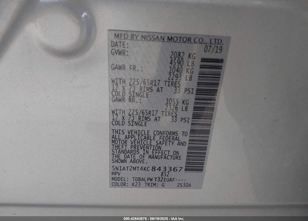 2019 NISSAN ROGUE VIN: 5N1AT2MT4KC843367