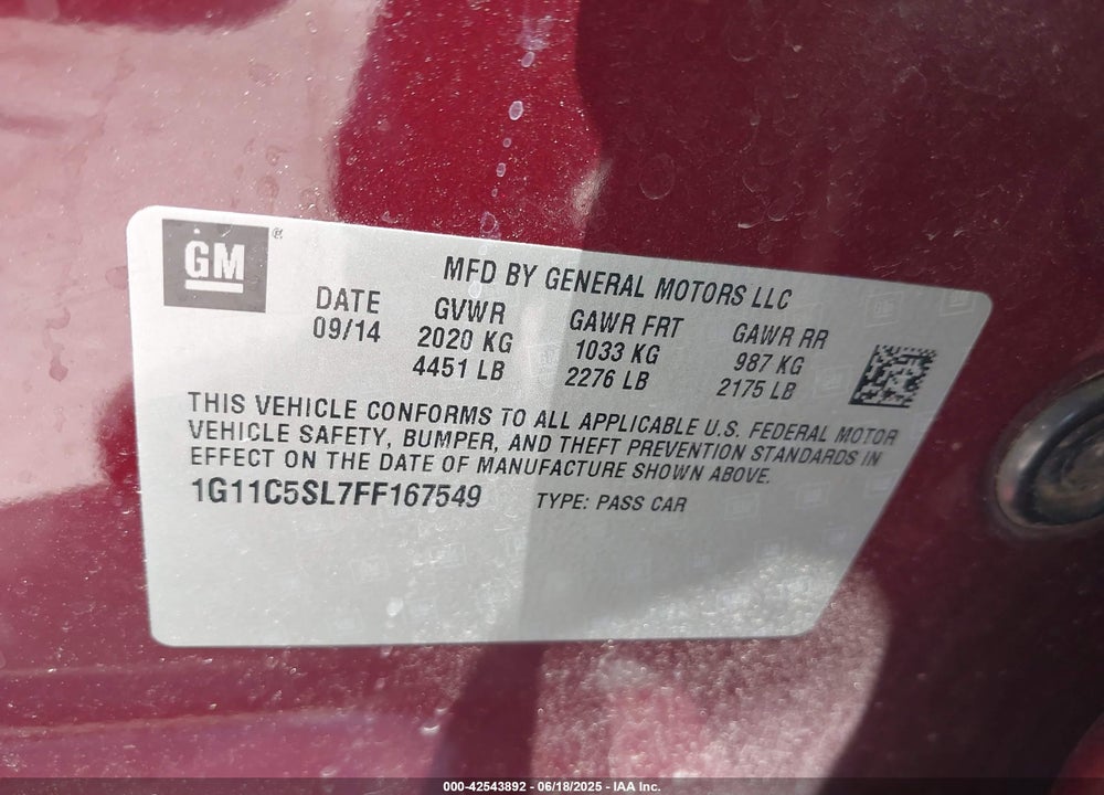 2015 CHEVROLET MALIBU VIN: 1G11C5SL7FF167549