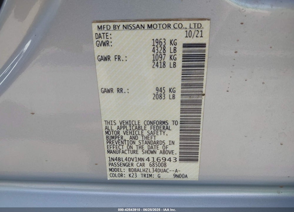 2021 NISSAN ALTIMA VIN: 1N4BL4DV1MN416943