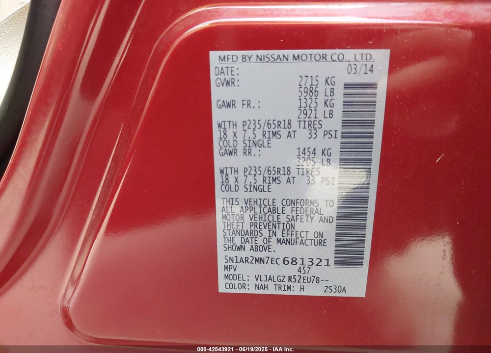 2014 NISSAN PATHFINDER VIN: 5N1AR2MN7EC681321