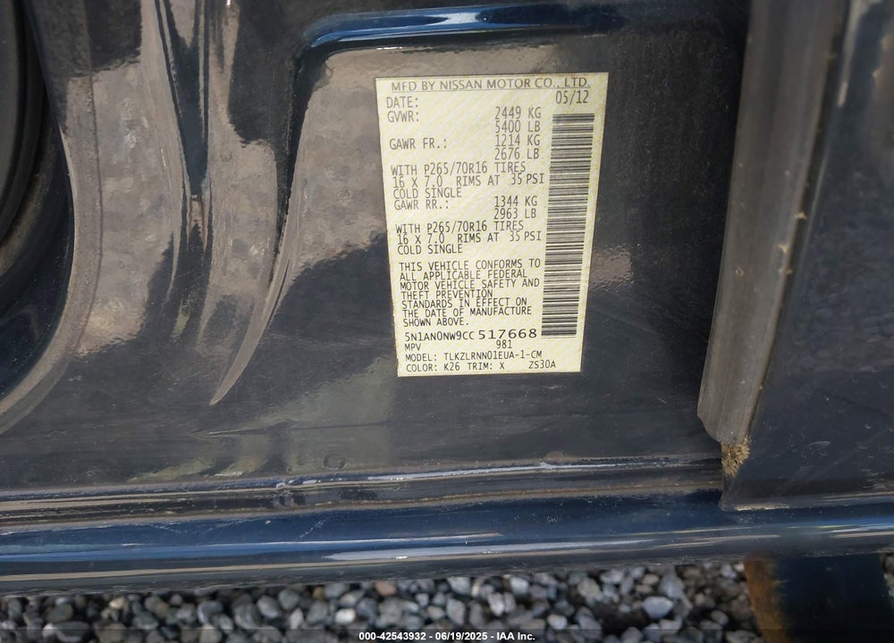 2012 NISSAN XTERRA S VIN: 5N1AN0NW9CC517668