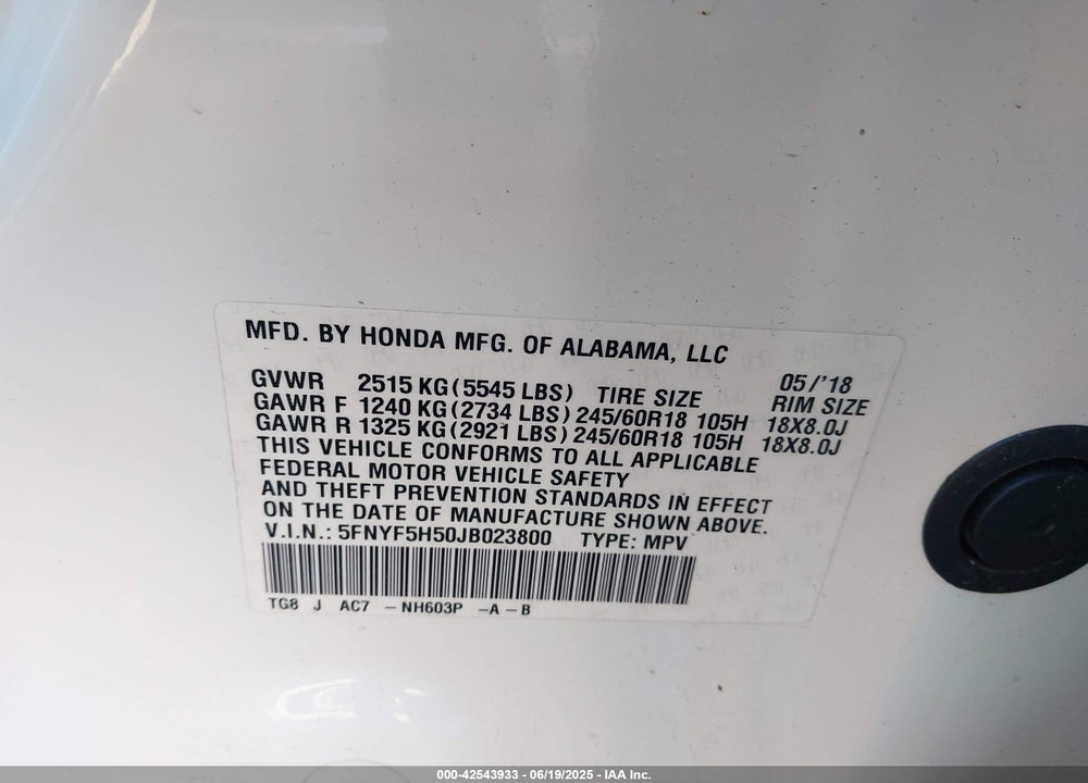 2018 HONDA PILOT VIN: 5FNYF5H50JB023800