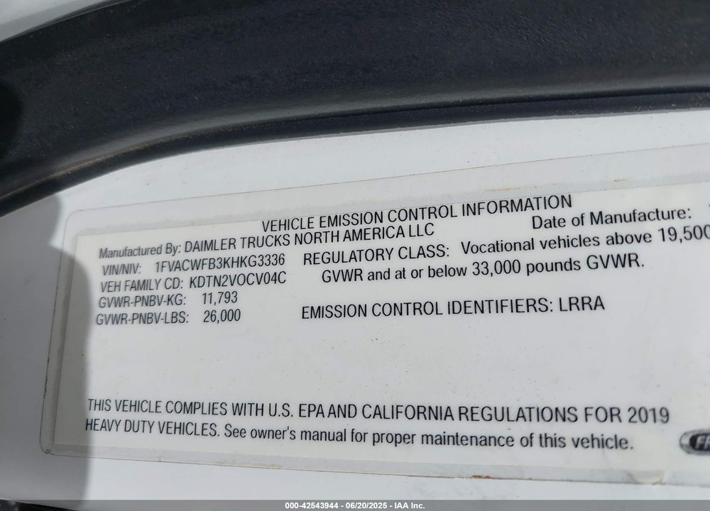 2019 FREIGHTLINER M2 106 VIN: 1FVACWFB3KHKG3336