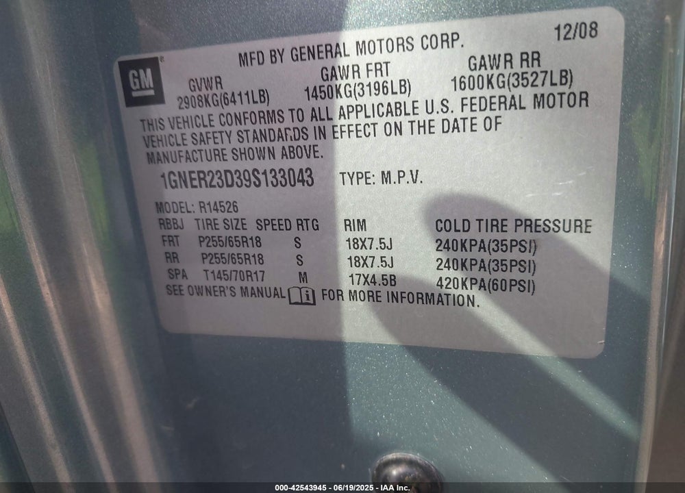 2009 CHEVROLET TRAVERSE LT VIN: 1GNER23D39S133043