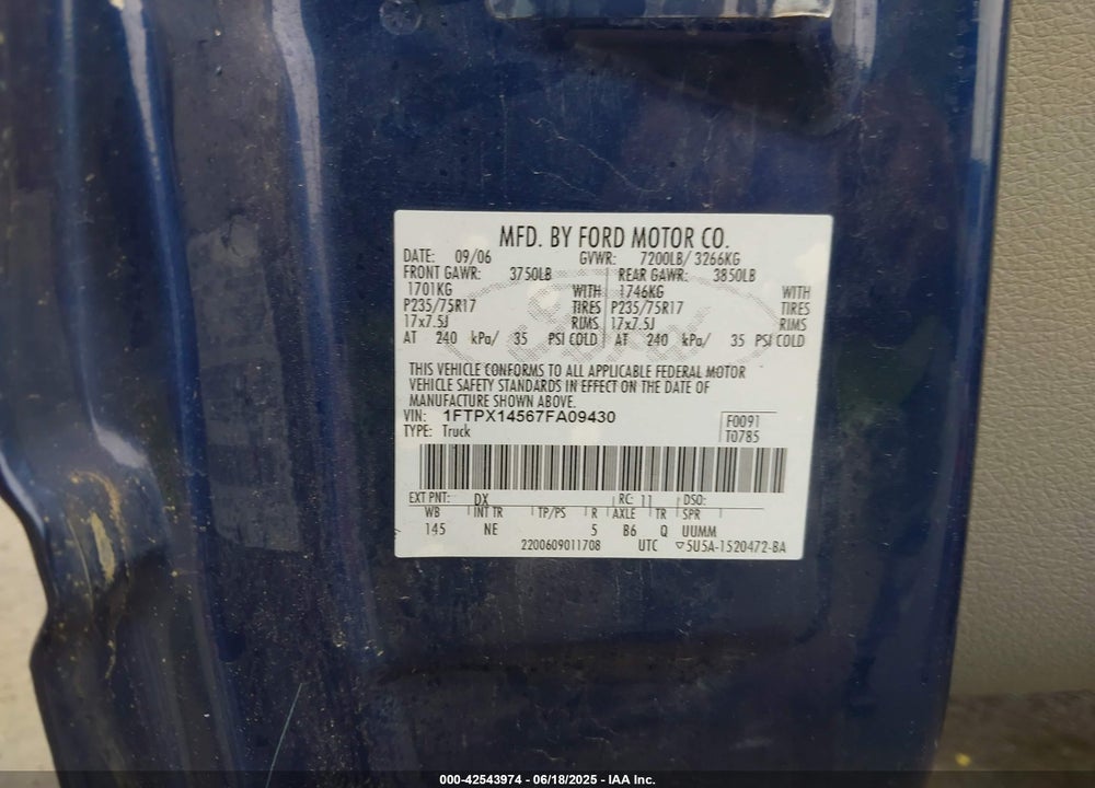 2007 FORD F-150 VIN: 1FTPX14567FA09430