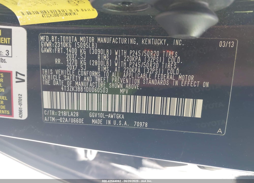 2013 TOYOTA VENZA VIN: 4T3ZK3BB1DU060503