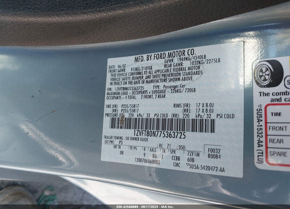 2007 FORD MUSTANG V6 DELUXE/V6 PREMIUM VIN: 1ZVFT80N775363725
