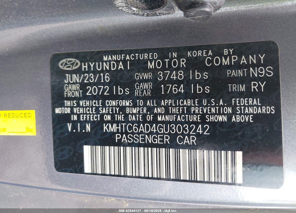 2016 HYUNDAI VELOSTER BASE (M6) VIN: KMHTC6AD4GU303242