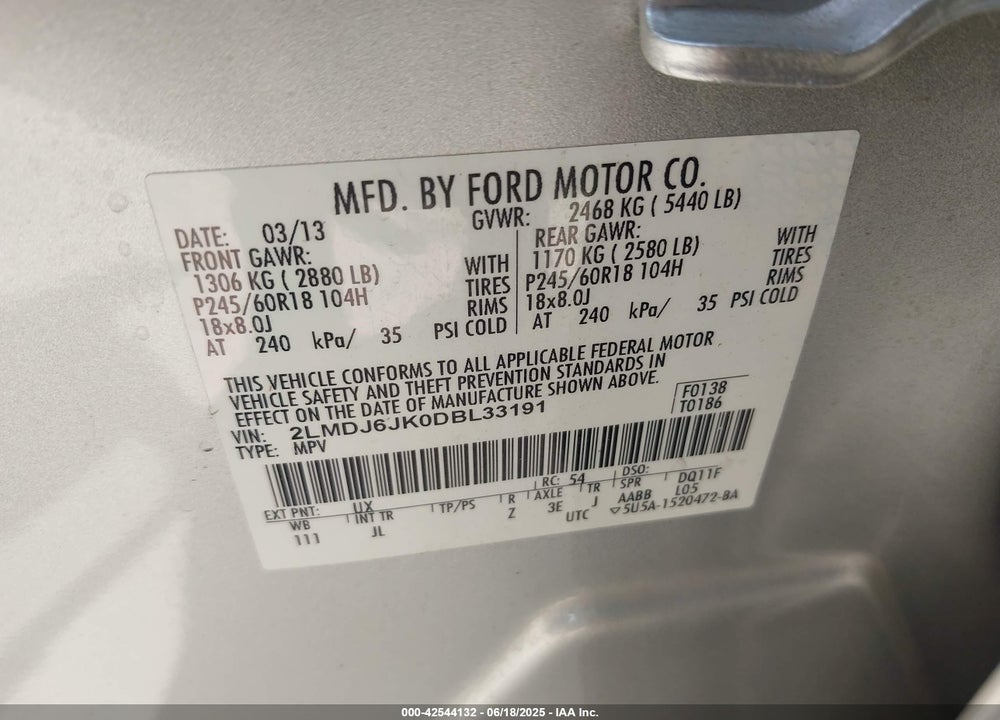 2013 LINCOLN MKX VIN: 2LMDJ6JK0DBL33191