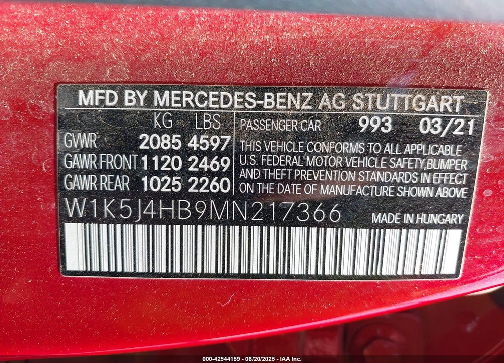 2021 MERCEDES-BENZ CLA-CLASS VIN: W1K5J4HB9MN217366