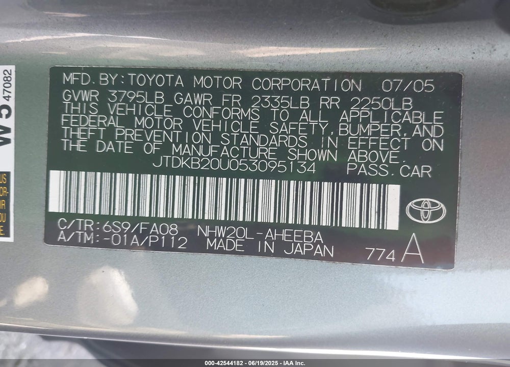 2005 TOYOTA PRIUS VIN: JTDKB20U053095134