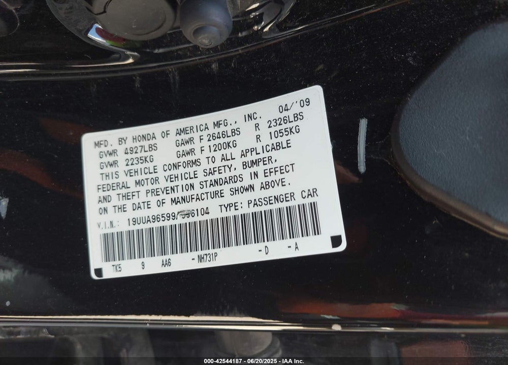 2009 ACURA TL VIN: 19UUA96599A006104