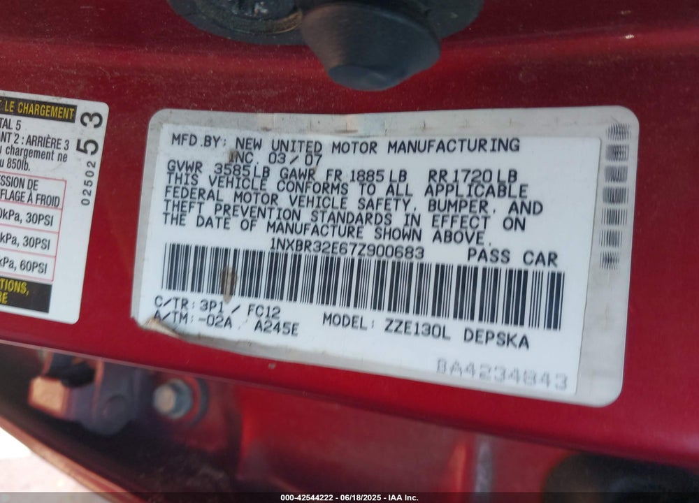 2007 TOYOTA COROLLA VIN: 1NXBR32E67Z900683