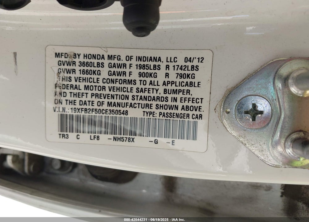 2012 HONDA CIVIC VIN: 19XFB2F50CE350548