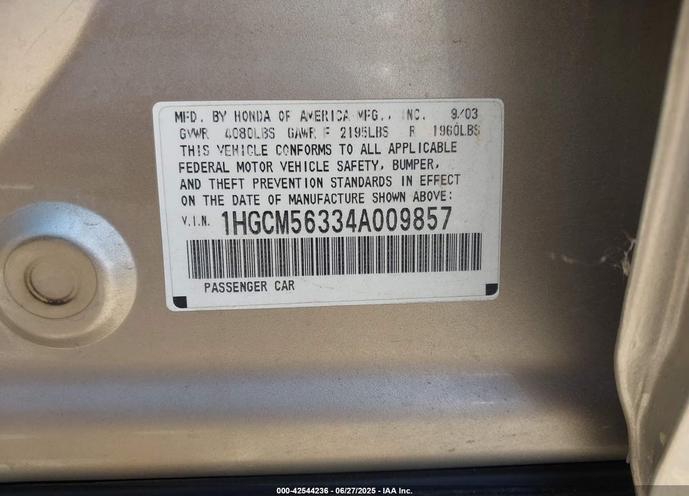 2004 HONDA ACCORD 2.4 LX VIN: 1HGCM56334A009857