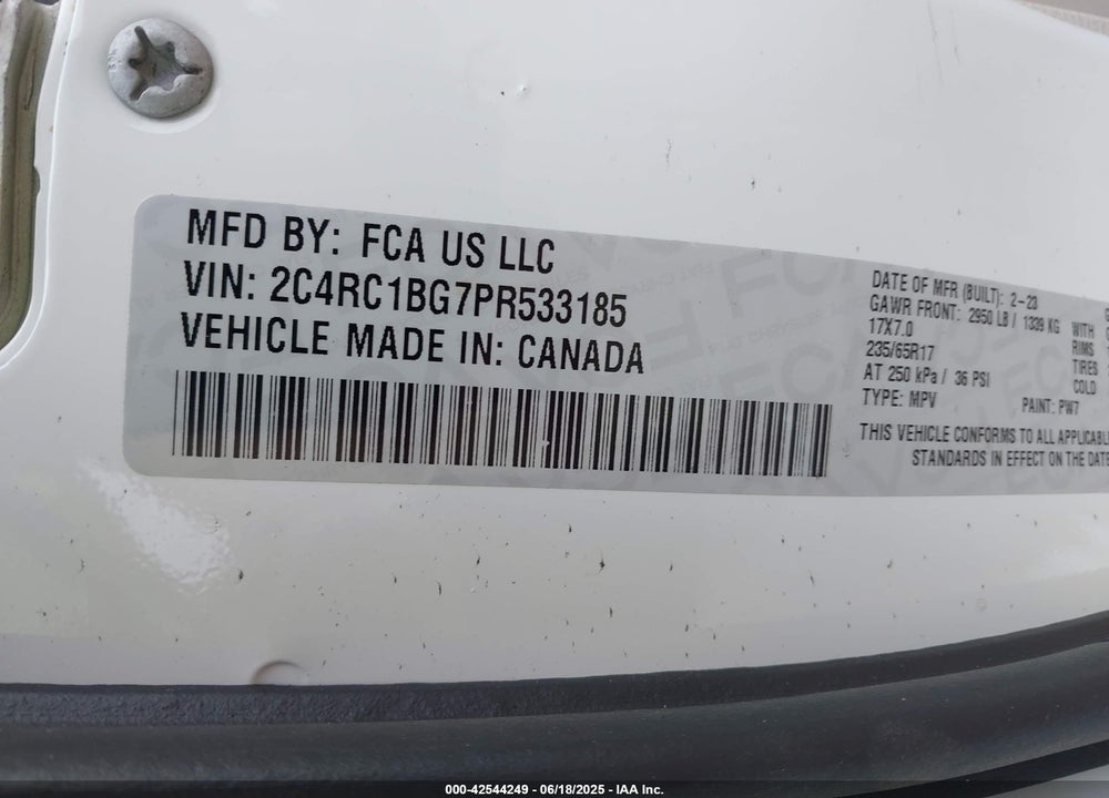 2023 CHRYSLER PACIFICA TOURING L VIN: 2C4RC1BG7PR533185