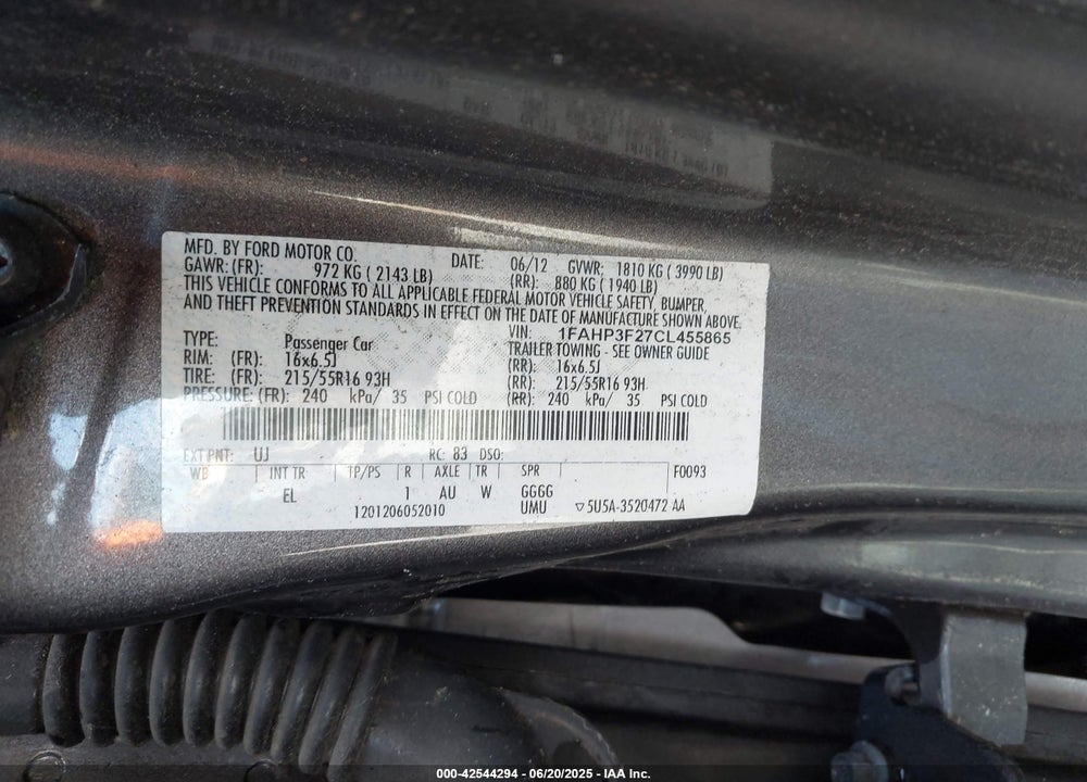 2012 FORD FOCUS VIN: 1FAHP3F27CL455865