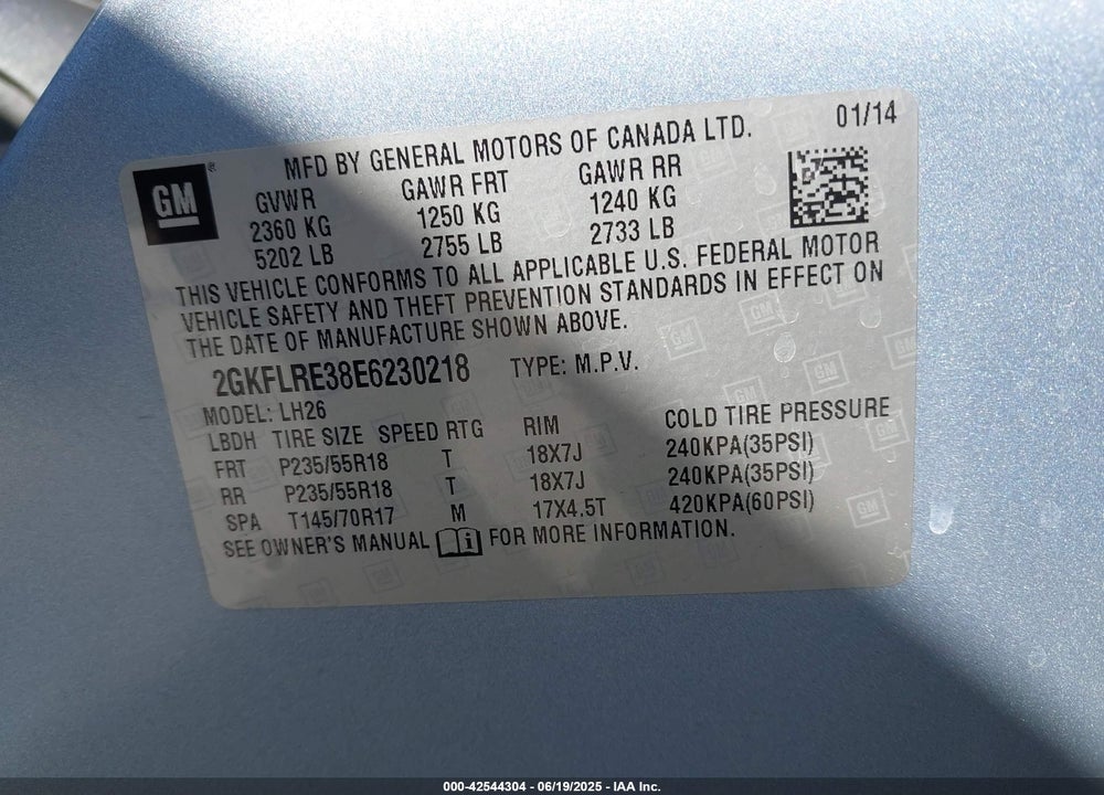 2014 GMC TERRAIN VIN: 2GKFLRE38E6230218