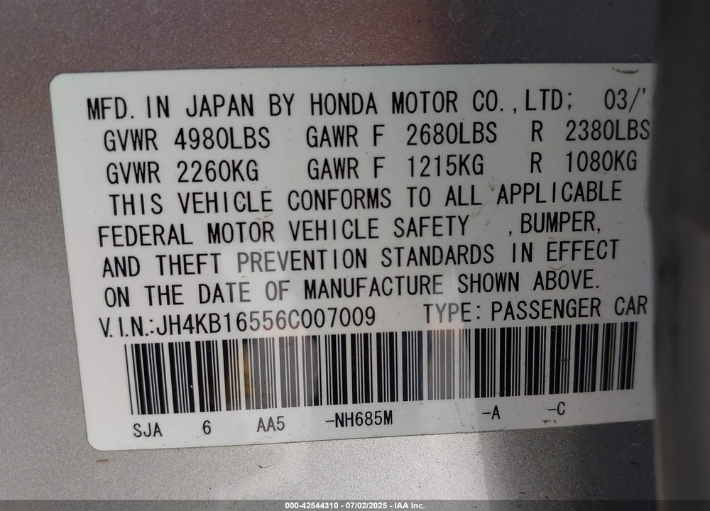 2006 ACURA RL VIN: JH4KB16556C007009
