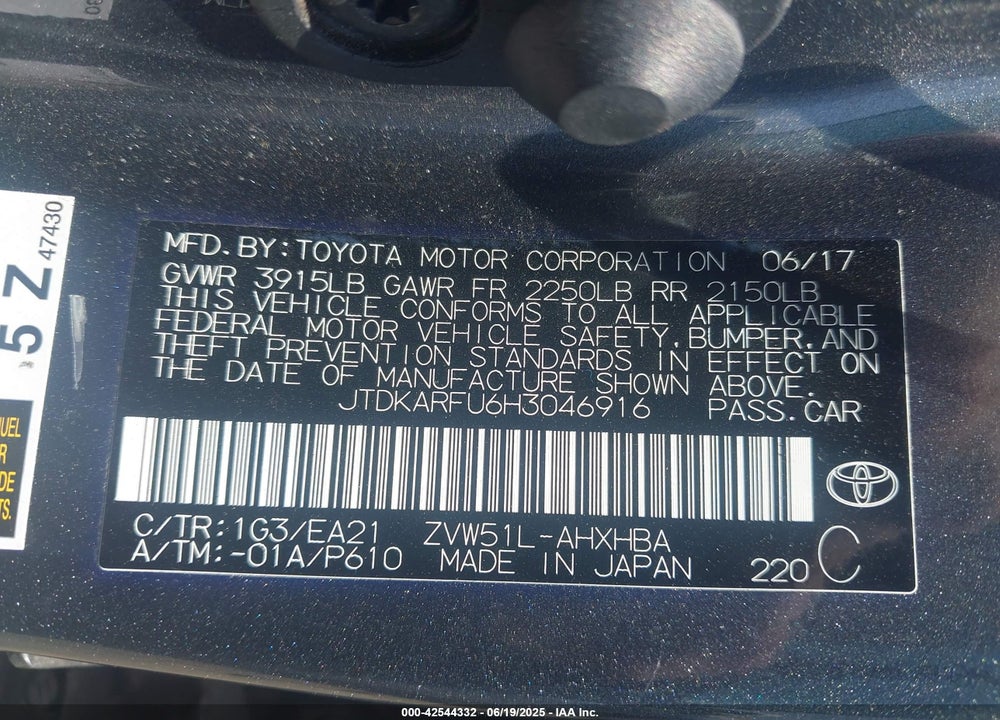 2017 TOYOTA PRIUS VIN: JTDKARFU6H3046916