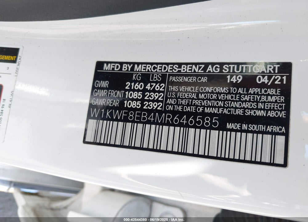 2021 MERCEDES-BENZ C 300 VIN: W1KWF8EB4MR646585