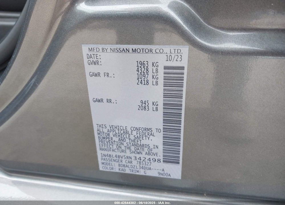 2024 NISSAN ALTIMA S FWD VIN: 1N4BL4BV5RN342498