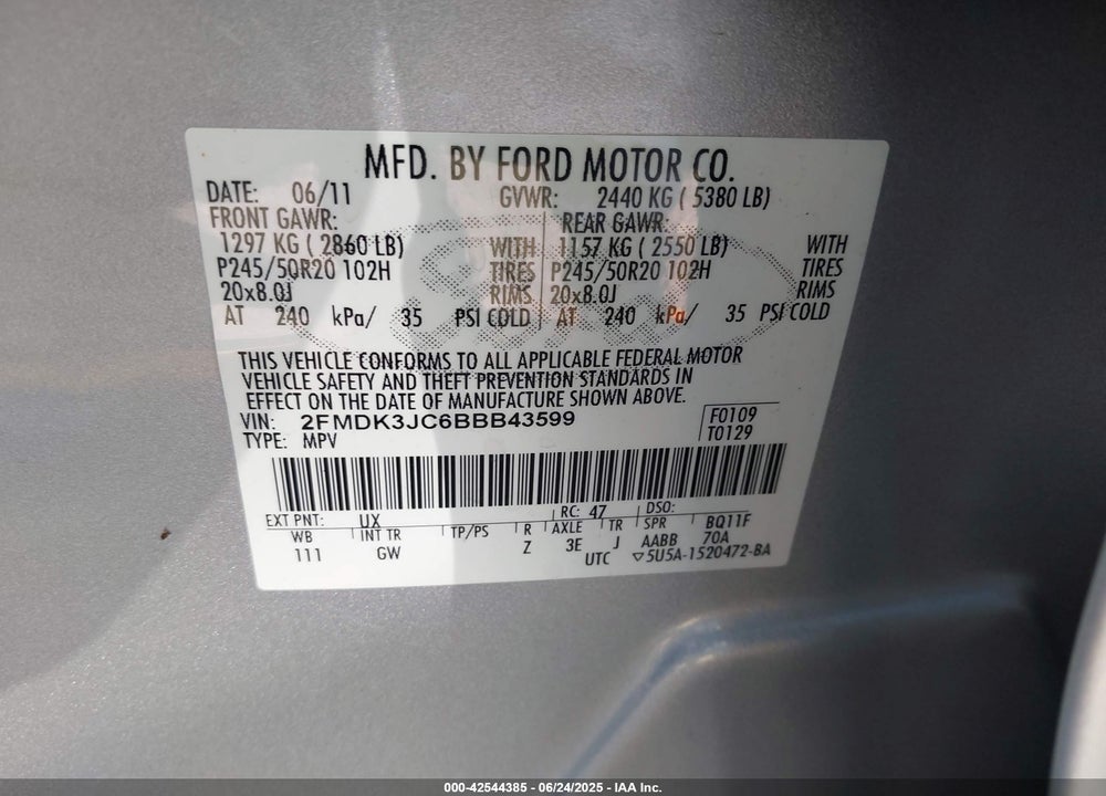 2011 FORD EDGE SEL VIN: 2FMDK3JC6BBB43599