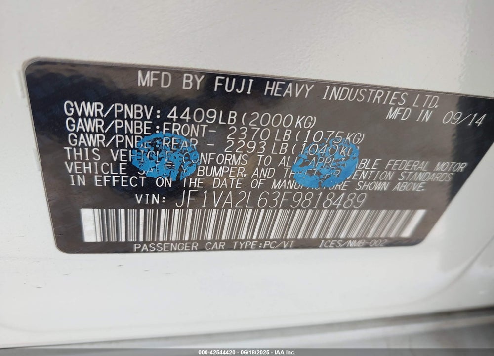 2015 SUBARU WRX STI VIN: JF1VA2L63F9818489
